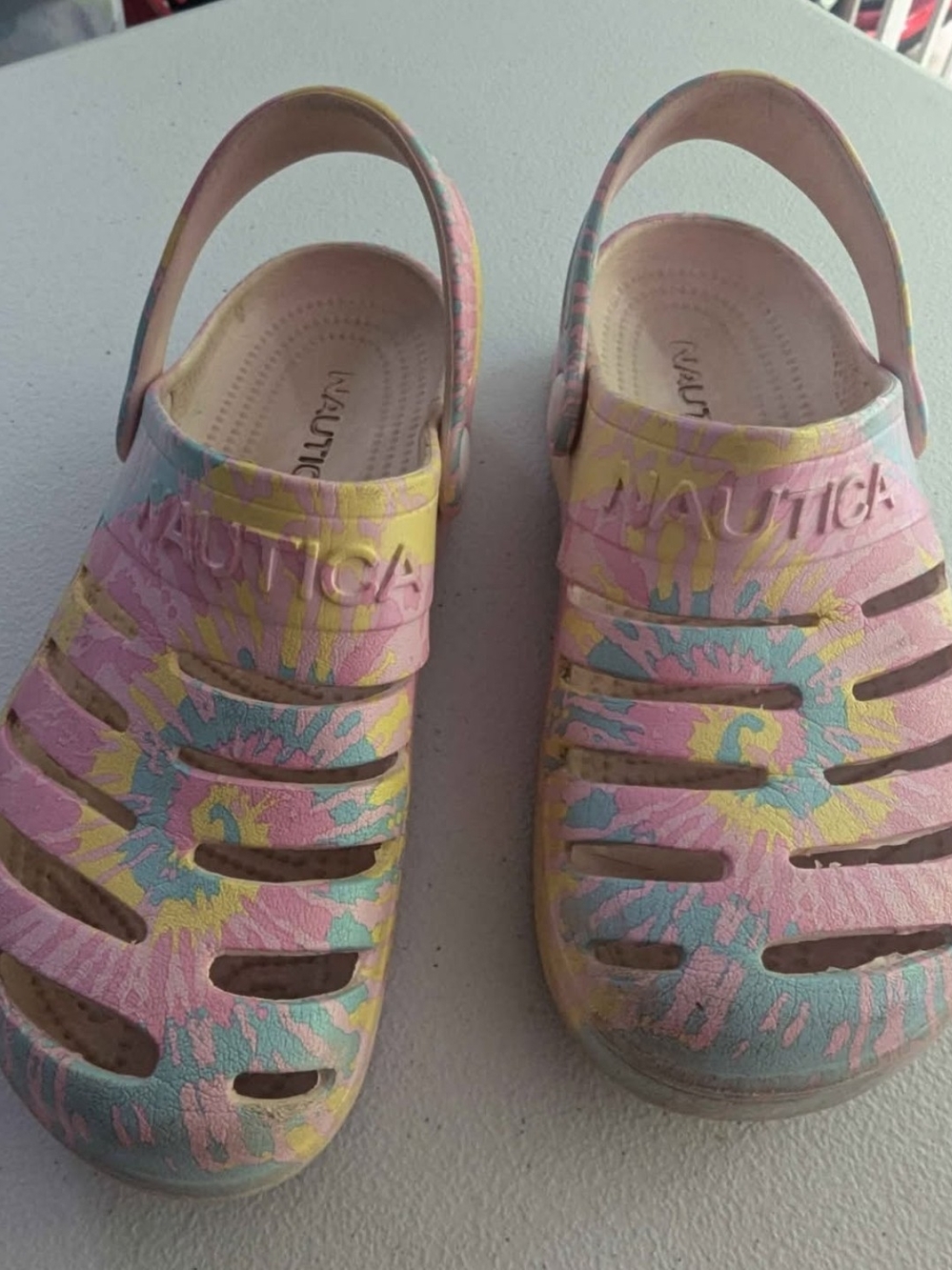 Nautica Kids Pastel Tie-Dye Crocs in Pink, Yellow & Blue, Size 1